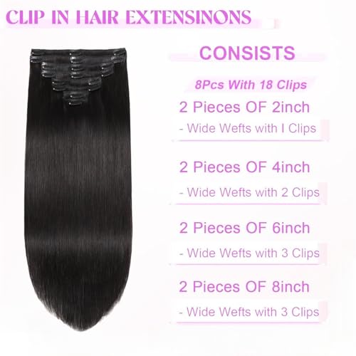 Clip In Hair Extensions Real Human Hair, Remy Human Hair Extensions 8PCS Long Soft Natural Hair piece 14-28 Inch Straight Hair Extension for Women(80g-120g 1B# Natural Black)