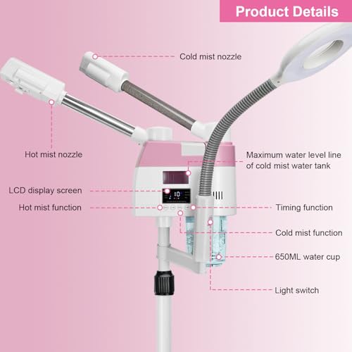 Professional 3-in-1 Facial Steamer with 5X Magnifying Lamp & Wheels