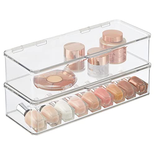 mDesign Makeup Storage Stackable Organizer Box for Bathroom Vanity, Countertops, Drawers - Holds Blenders, Eyeshadow Palettes, Lipstick, Lip Gloss, Makeup Brushes - Hinged Lid - 2 Pack - Clear