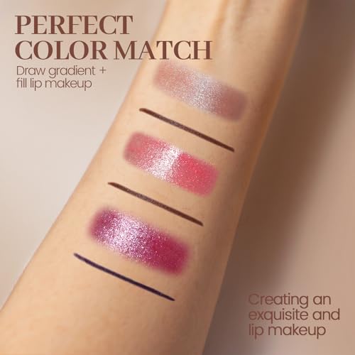 Lip Combo Sets, Brown Plumping Lip Contour Liner Pencil and Nude Lipstick Combo, Matte Highly Pigmented Lip Liner Moisturizing High Shine Shimmer Long Lasting Lipstick Stain Makeup04
