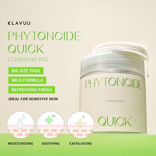 KLAVUU PHYTONCIDE QUICK CLEANSING PAD ? Gentle Makeup Remover, Deep Pore Care, Soothing & Moisturizing Formula, Hypoallergenic, Ideal for Sensitive Skin - 100 Count