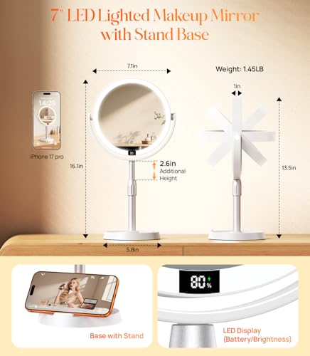 Gospire 7" Lighted Makeup Mirror with 20X Magnification & Adjustable Height