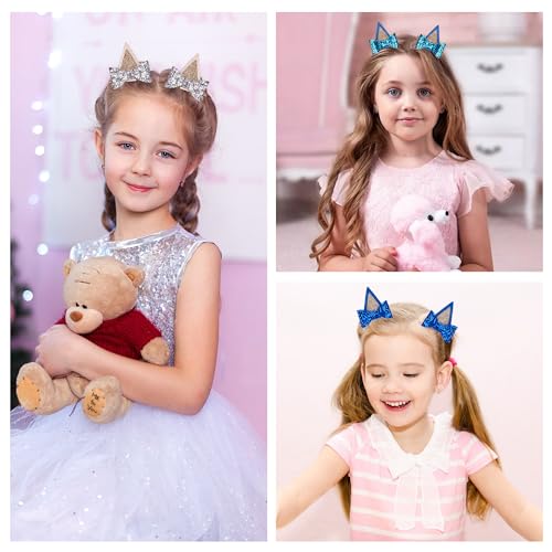 6 Pcs Cat Ear Hair Clips for Girls, IKOLA Glitter Sparkly Cute Hair Clips Non Slip Metal Alligaor Clips for Kids Easter Halloween Costume Party Supplies