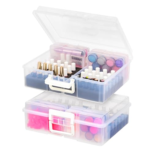IRIS USA Cosmetic Train Case Nail Polish Organizer with 4 Inner Cases and Handle, 2-Pack, Portable Cosmetology Hobby Storage Box Holds 44 Bottles, for Tabletop Gaming Minis Art Craft Supplies, Clear