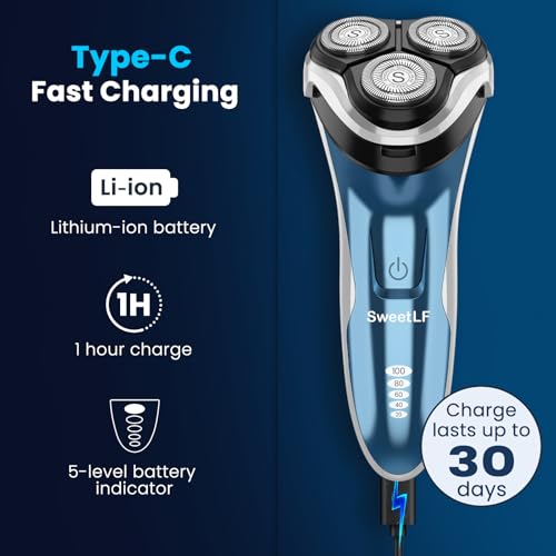 Waterproof Men¡¯s Electric Shaver with Travel Case, Powerful & Quiet, Type C Fast Charge (60min Charge, 120min Use), Precision Trimmer (Blue)