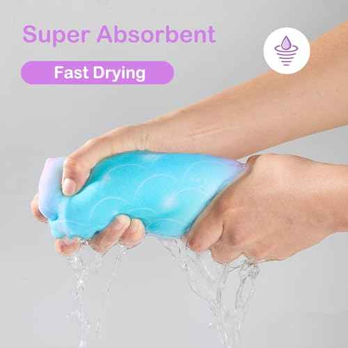 FIOBEE Microfiber Hair Towel Wrap for Kids Rapid Drying Turbans for Wet Hair with Button Women & Girls Long, Curly Hair Pack of 2, Purple/Green Mermaid