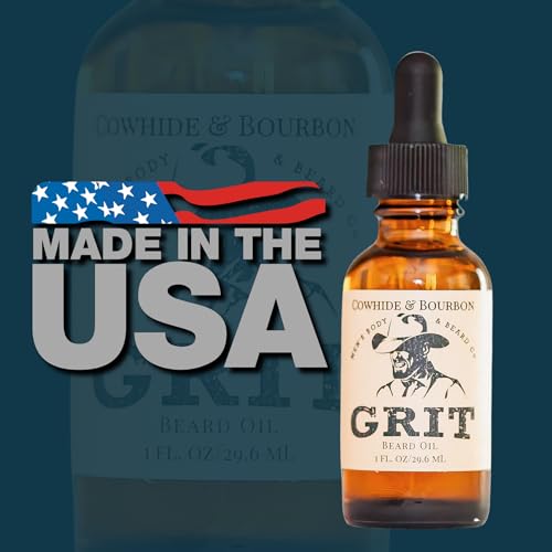 GRIT Cowhide & Bourbon Premium Beard Oil (1 Fl oz) | Coconut Oil, Vitamin E | Beard Oil for Grooming | Hydrating Conditioning Oils | Softens Brittle & Dry Facial Hair |