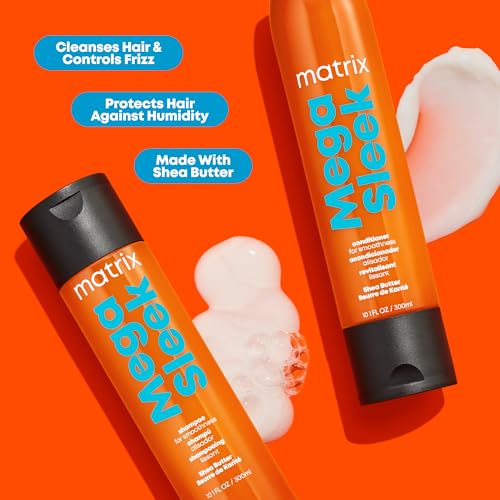 Matrix Mega Sleek Shampoo and Conditioner Set - Smoothing and Moisturizing, Anti-Frizz, Detangling, For All Dry, Damaged & Frizzy Hair Types, Nourishes With Shea Butter, Vegan