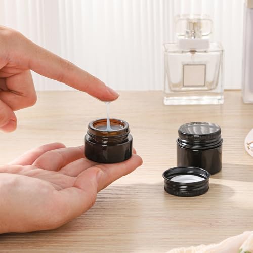 24 pack 5ml Amber Glass Cosmetic Jars with Black Metal Lids Empty Lip Balm Containers with Inner Liner Tiny Sample Jar with Label for Wax Salve Lotion
