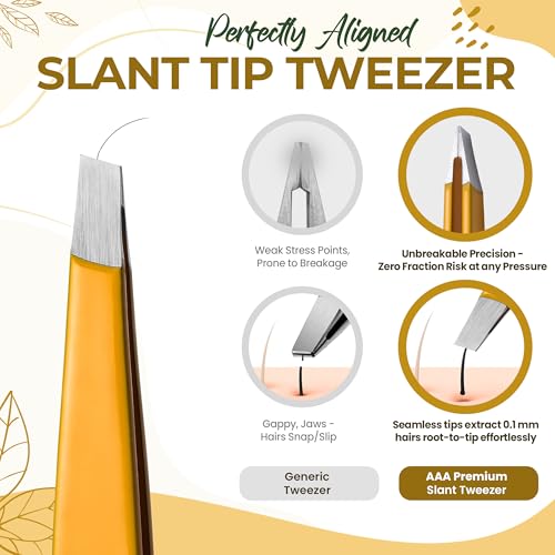 Professional Slant Tip Eyebrow Tweezers for Women & Men ? Precision Hair Removal Tool ? Stainless Steel Tweezers for Eyebrow Shaping, Facial Hair, Ingrown Hair & Splinter Removal (Golden Glow)
