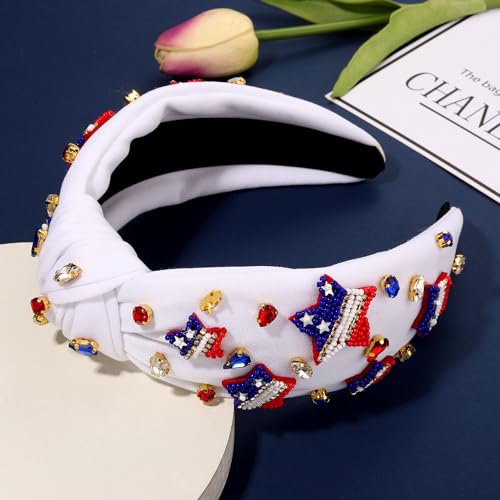 NVENF Hairband, 4th of July Headbands, American Flag Star White Headband Pearl Crystal Rhinestone Knotted Patriotic Accessories Outfits for Women Holiday Gifts