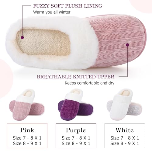 3 Pairs 6 Pairs Warm Fuzzy House Slippers for Women Size 7-8 8-9 with Thick Anti-slip Soles Winter Fluffy Indoor Outdoor Knit Plush Soft Slipper Shoes Pink Purple White