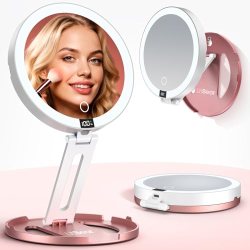 LitBear Travel Makeup Mirror 10X/1X Magnification LED Lighted