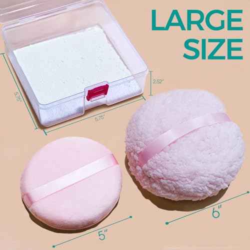 2pcs Powder Puffs, 6'' Body Powder Puff and 5'' Dusting Powder Puff and Container, Extra Large, Fluffy Soft, Washable, Reusable