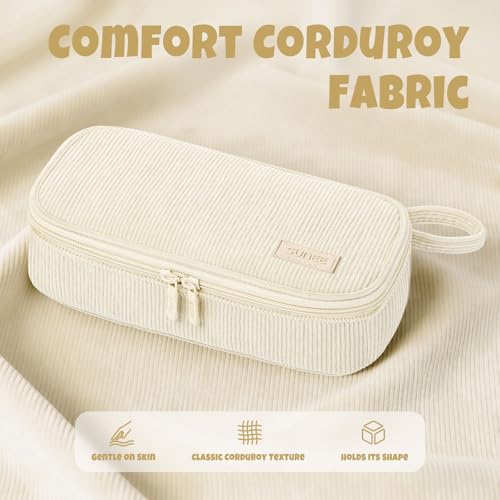 SUNEE Beige Corduroy Pencil Case, Large Capacity Zipper Pouch, Multi-Compartment Pen Organizer
