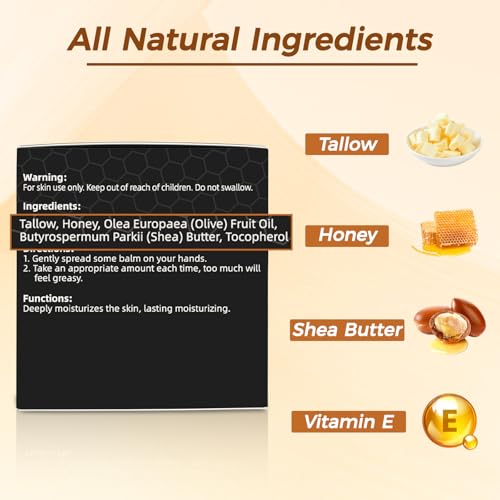 Beef Tallow for Skin with Honey, Unscented Moisturizing Tallow Balm for Face & Body,Grass-Fed£¬Deeply Nourishing for Dry Skin60g (2.1 oz)