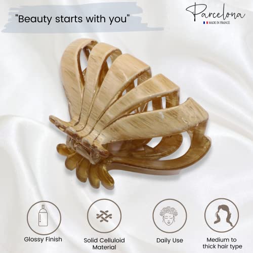 Parcelona French Fleur Medium 3.25" Wide Celluloid Claw Clips Covered Spring Fashion Durable Styling Clips Women Hair Accessories No Slip Grip Hair Clip for Girls, Made in France (Dusty Beige Brown)