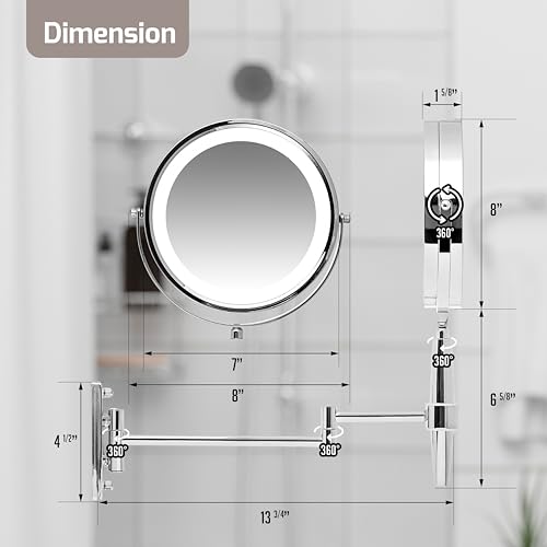 OVENTE 7'' Lighted Makeup Mirror with 1X/8X Magnification, Cordless Multi-Functional Round Vanity Mirror with 360¡Æ Swivel Design, Double Sided and Three Toned LED Lights, Nickel Brushed MFM70BR1X8X