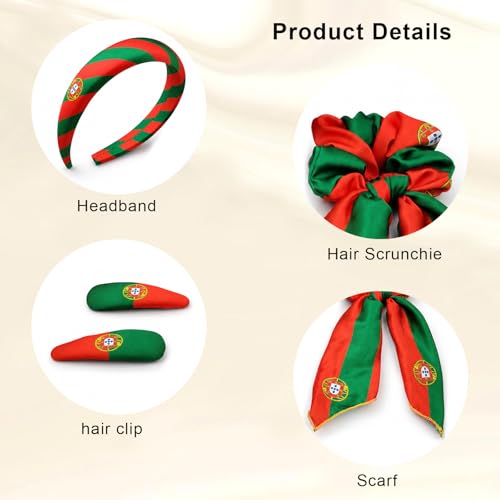Portugal Flag Hair Accessory Set - 4-Piece Includes Headband & Clips