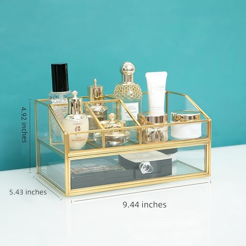 JIARI Glass Makeup Organizer with Drawer, Gold Frame Jewelry Display Box, Nordic Style Cosmetic Storage for Vanity Bathroom Bedroom Office, 9.44x5.43x4.92 Inches (Storage Box-2 Tier)