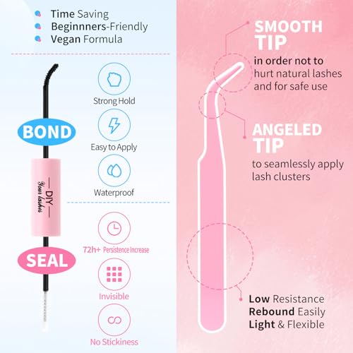 280 Pcs Lash Clusters Kit with Glue, Sealant & Tweezers for Natural Full Eyelash Extensions