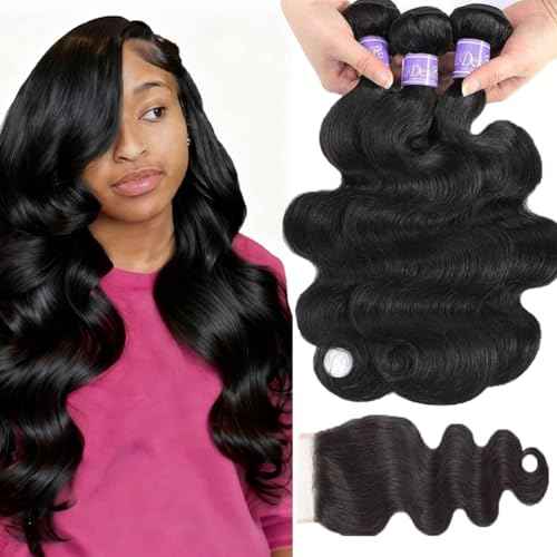 Body Wave Bundles with Closure Human Hair (14 16 18+14) Human Hair 3 Bundles with 4x4 HD Lace Closure Free Part 12A Grade 100% Unprocessed Virgin Hair Body Wave Bundles Natural Black Color