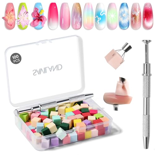 SAVILAND Colorful Mini Nail Sponge Set with Grabbing Pen - 100PCS Nail Art Tools for Ombre & Gradient Designs