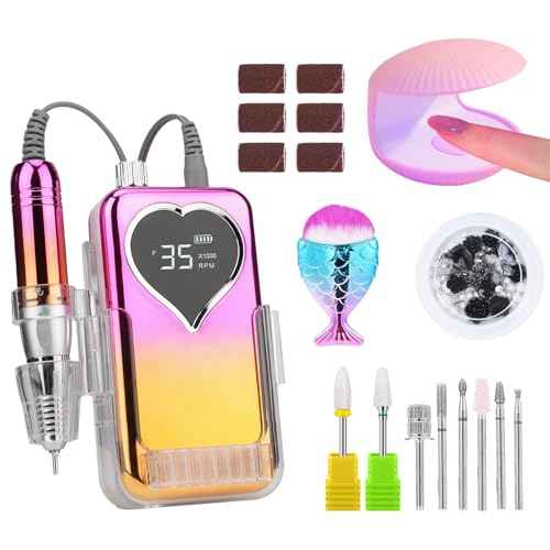 Professional Electric Nail Drill Machine for Acrylic Nails, 35000 RPM Electric Nail File Tool Set, Portable E-File Rechargeable Manicure Pedicure Polish Kit for Home Salon Tech (Heart Sunset Gold)