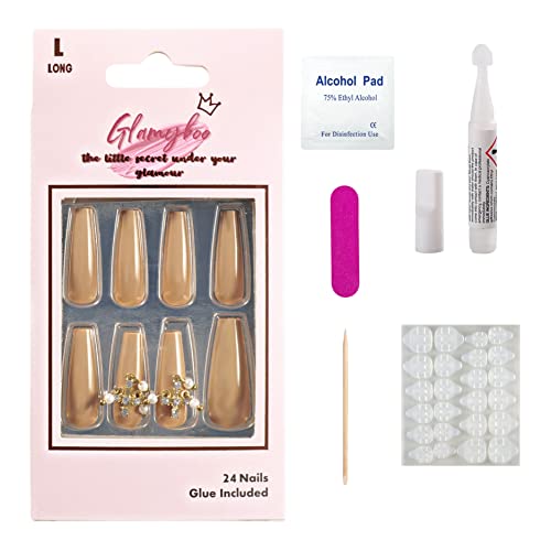 Glamyboo 24Pc Long Coffin Press On Nails with 1.5g Glue | False Nails for Women | Luxury Matte/Glossy Rhinestone Design Full Cover DIY Do-It-Yourself Fake Nails | Glue+ File+Cuticle Pusher Included (Glossy Beige 3D Rhinestone Pearl Cross)