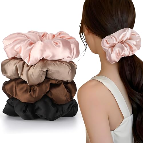 4Pcs Large Satin Hair Scrunchies, Big Pillow Scrunchies for Women Girls Silk Sleepy Scrunchie Ponytail Holders for Thick Hair