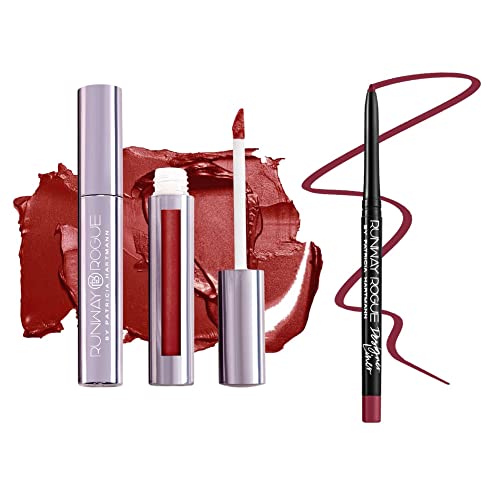 Runway Rogue ¡®Showtime¡¯ Brick-Red Pearl Glam Shimmer Long Wear Liquid Lipstick Bundle with ¡®Get the Look¡¯ Matte Garnet-Maroon Designer Liner Lip Liner