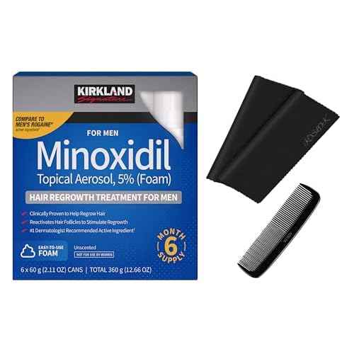 Kirkland Signature Hair Regrowth Treatment Minoxidil Foam for Men, 2.11 oz, 6 Count (6 Month Supply) - 2 MicroFiber Cleaning Cloths and Comb Included