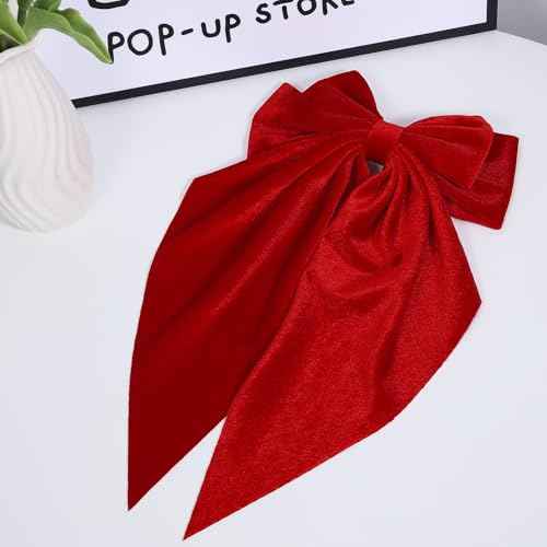 Bright Red Velvet Large Hair Bow Long Tail Bowknot Hair Barrette Clip 8.26 Inch Women Girls Fall Winter Ponytail Holder Hair Accessories