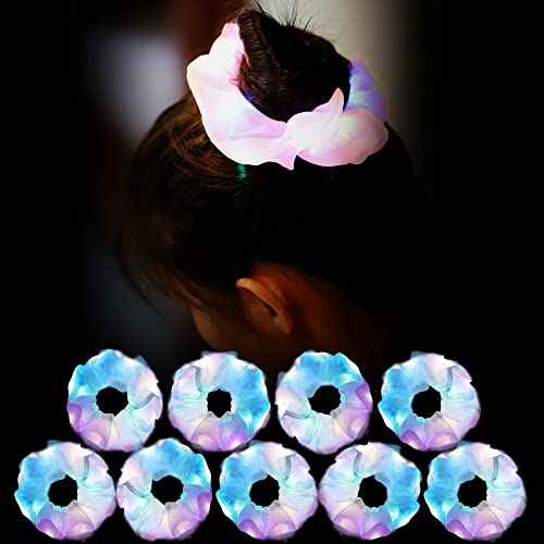 9 Pcs Light Up White Scrunchies, 3 Light Modes Halloween Led Hair Tie, Light Scrunchy for Girls, Glow Bands Ponyair Htail Holder Glow in the Dark Hair Accessories Neon Rave party supplies (White)