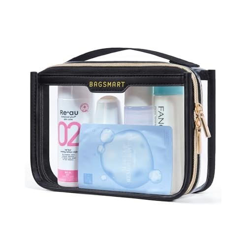 BAGSMART TSA Approved Toiletry Bag, Clear Travel Toiletry Bag, Makeup Cosmetic Pouch Bag for Women Quart Size Compliant Bag Organizer for Travel Essentials (Black Pack of 1,)
