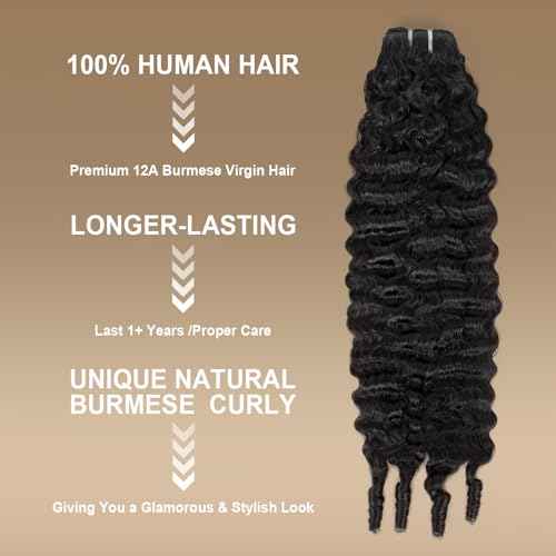 Burmese Curly Bundles Human Hair 16 Inch 12A Deep Wave 1 Bundle 100% Unprocessed Quick Weave 3c4a Water Wave Bundles with Spiral Curly End Real Human Hair Extensions Natural Black
