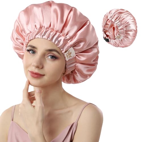 Years Calm Silk Bonnet for Sleeping Women, Double Layer Satin, Ajustable Elasticity Band£¬ Hair Satin Bonnet for Sleeping - Sleep Shower Caps (Light orange, One Size)