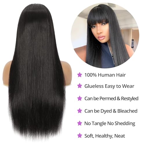CORDELIA Glueless Wigs Human Hair with Bangs Straight Human Hair Wig with Bangs 150% Density None Lace Front Wigs for Black Women 22inch