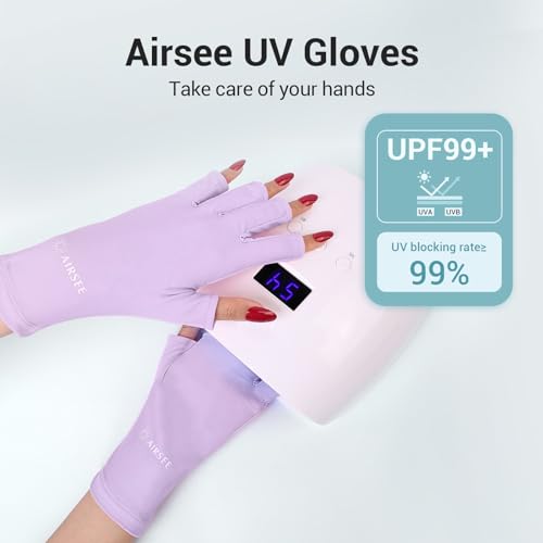 AIRSEE Breathing UV Gloves for Nail Gel，Professional UPF50+ Protection Gloves for UV Lamp, Ice Silk Cloudy Soft Fingerless Gloves,Ultra Cool Feeling Fabric(Lavender Mist)