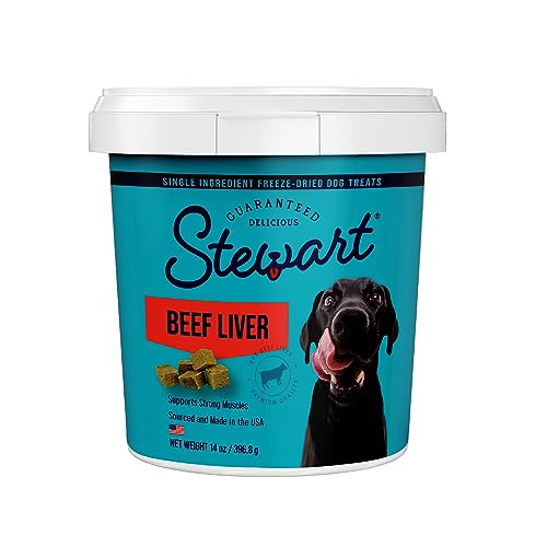 Stewart Freeze Dried Dog Treats, Beef Liver, 14 oz, Grain Free & Gluten Free, Resealable Tub, Single Ingredient, Training Treat in Beef Liver, Salmon, Chicken Liver & Chicken Breast 4, 14, 21 oz