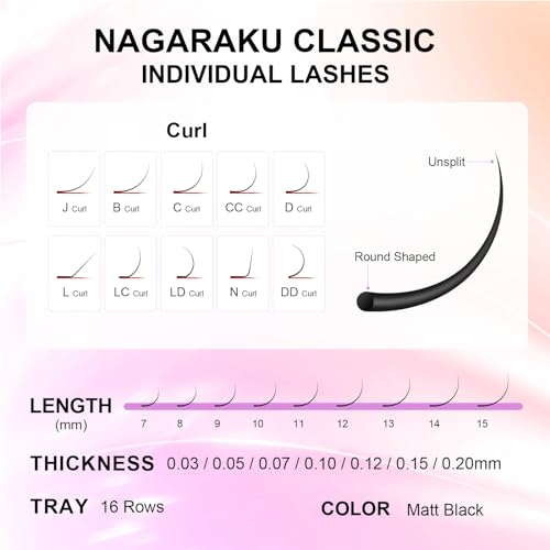 NAGARAKU Eyelash Extensions Individual Lashes 0.20mm C curl 7-15mm Mix Tray Classic Matte Black Natural Faux Mink 16 rows