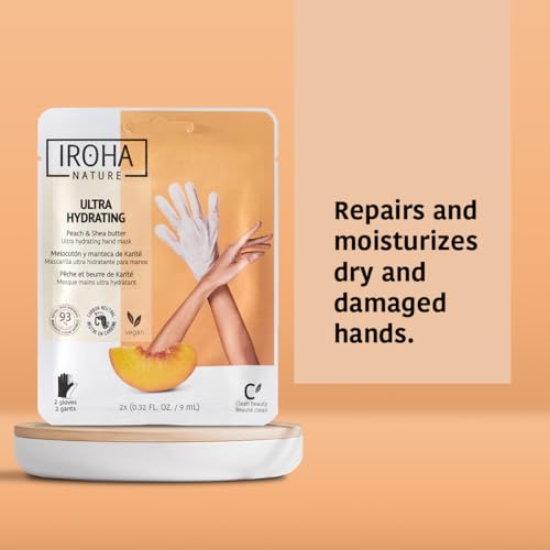 IROHA NATURE Repairing Hand Mask Gloves | 15 Pairs | Peach & Shea Butter | Hydration & Repair for Damaged & Cracked Hands | Vegan & 93% Natural Ingredients