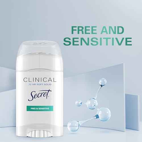 Secret Clinical Strength Antiperspirant Deodorant for Women, Free & Sensitive, 3X Stress Protection, 72hr Sweat & Odor Protection, PH Balancing Minerals, Soft Solid, Unscented, 1.6 oz (Pack of 3)