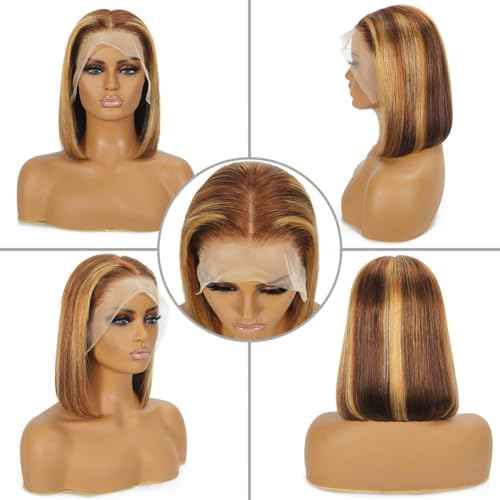 Highlight Bob Wig Human Hair P4/27 Color 13x4 HD Lace Front Wigs Human Hair Pre Plucked Hairline for Women Blonde Highlight Bob Wigs 180% Density 12 Inch