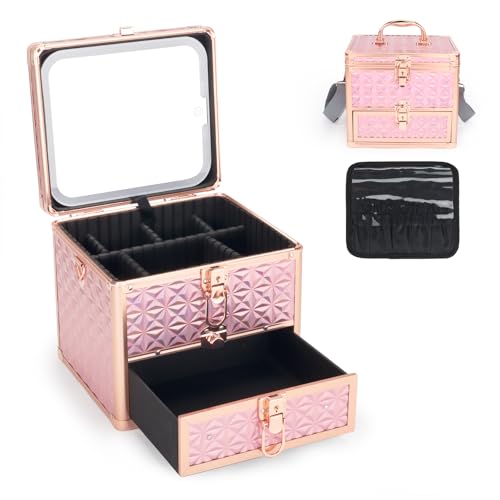 Makeup Case with Drawer, Travel Makeup Train Case with Magnetic LED Mirror, Cosmetic Organizer with Adjustable Divider - Sparkling Pink
