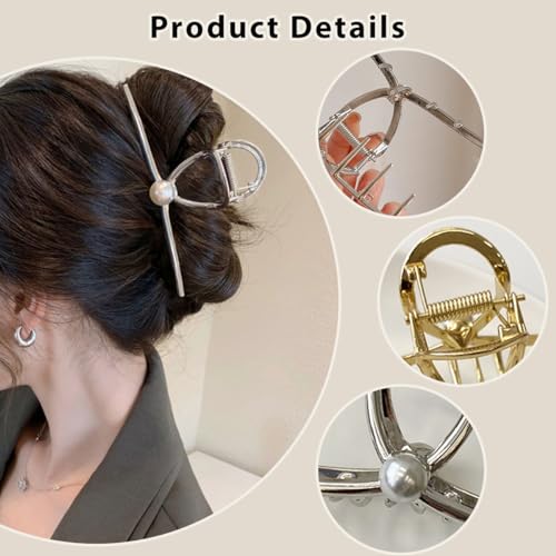 Large Pearls Shark Barrette Metal Hair Claws with Non-Slip Strong Hold for Women and Girls (Gold + Silver)