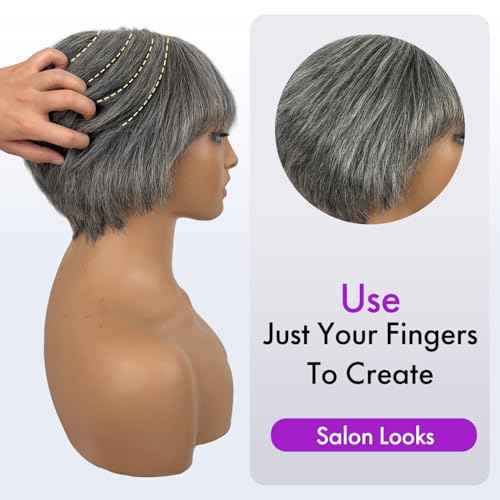 Salt and Pepper Pixie Cut Wigs Human Hair Short White Grey Pixie Cut Wigs Glueless Pixie Layered Lace Front Wig With Bangs Gray Straight Pixie Human Wear and Go Glueless Wig For Women