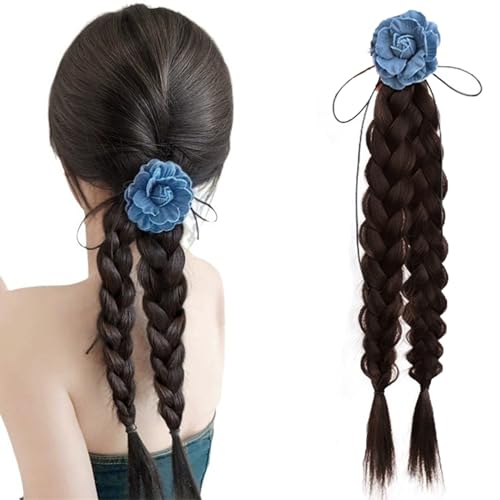 Braided Ponytails Rose Flower Braided Hair Extensions Synthetic Braid Wig with Elastic Hair Band Hairpieces for Women Girls 17.7 Inches Dark Brown