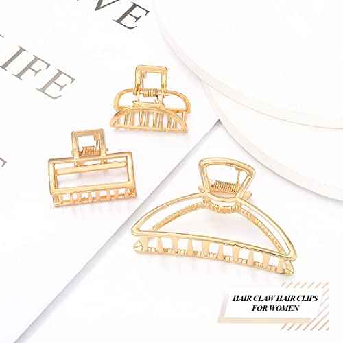 Brinie Metal Claw Hair Clips Set - Gold Medium Catch Nonslip Barrette Hair Accessories for Women and Girls (Pack of 3)