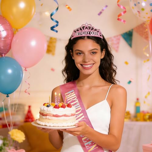 Pink Birthday Queen Tiara and Sash Set with Rhinestones